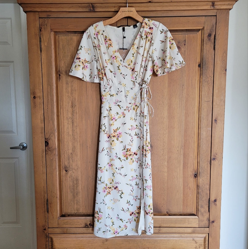 Cream Floral Midi Wrap Dress